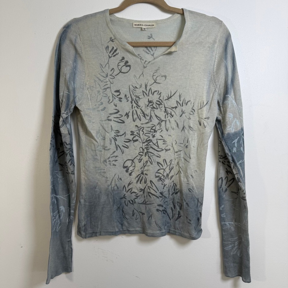 Marika Charles Silk Cashmere Top Women M Blue Ombre Floral Phly-Dye Long Sleeve - Picture 2 of 9